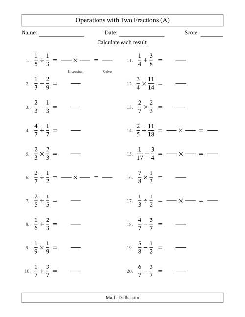 The Operations with Two Proper Fractions with Equal Denominators, Proper Fractions Results and No Simplifying (Fillable) (A) Math Worksheet