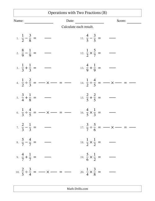 The Operations with Two Proper Fractions with Equal Denominators, Proper Fractions Results and No Simplifying (Fillable) (B) Math Worksheet