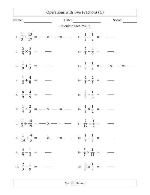 The Operations with Two Proper Fractions with Equal Denominators, Proper Fractions Results and No Simplifying (Fillable) (C) Math Worksheet