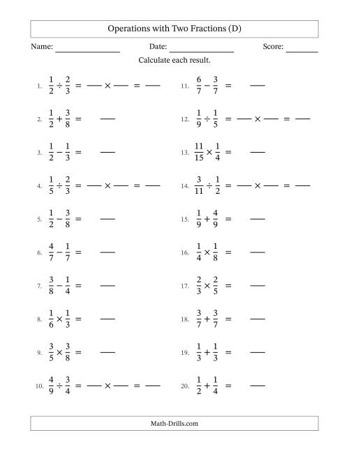 The Operations with Two Proper Fractions with Equal Denominators, Proper Fractions Results and No Simplifying (Fillable) (D) Math Worksheet