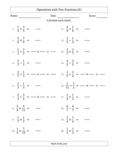 The Operations with Two Proper Fractions with Equal Denominators, Proper Fractions Results and No Simplifying (Fillable) (E) Math Worksheet