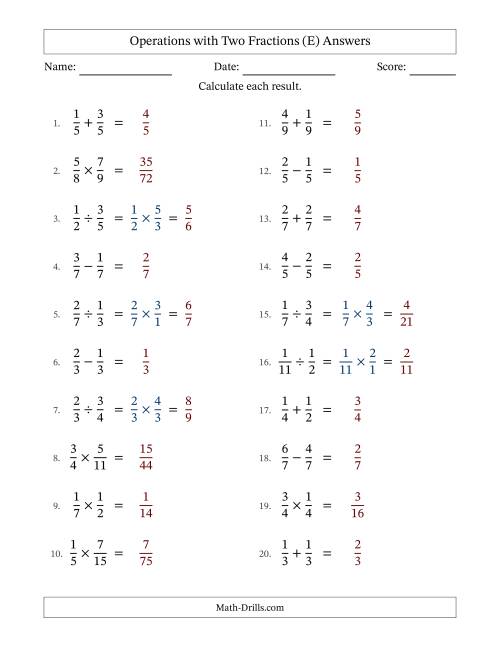 The Operations with Two Proper Fractions with Equal Denominators, Proper Fractions Results and No Simplifying (Fillable) (E) Math Worksheet Page 2