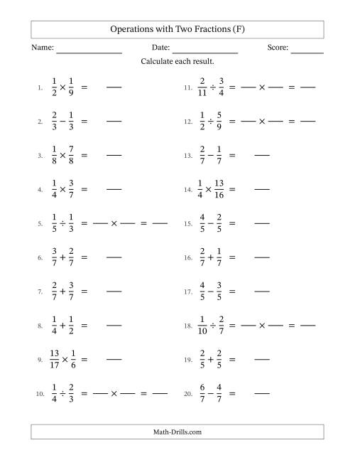 The Operations with Two Proper Fractions with Equal Denominators, Proper Fractions Results and No Simplifying (Fillable) (F) Math Worksheet