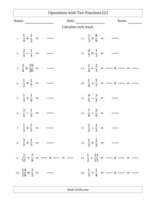 The Operations with Two Proper Fractions with Equal Denominators, Proper Fractions Results and No Simplifying (Fillable) (G) Math Worksheet