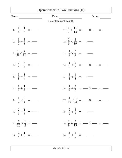The Operations with Two Proper Fractions with Equal Denominators, Proper Fractions Results and No Simplifying (Fillable) (H) Math Worksheet