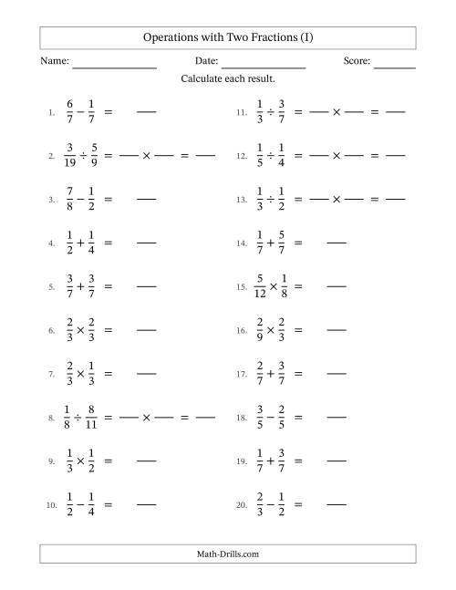The Operations with Two Proper Fractions with Equal Denominators, Proper Fractions Results and No Simplifying (Fillable) (I) Math Worksheet