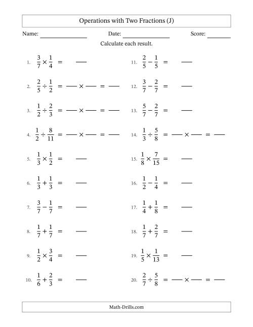 The Operations with Two Proper Fractions with Equal Denominators, Proper Fractions Results and No Simplifying (Fillable) (J) Math Worksheet