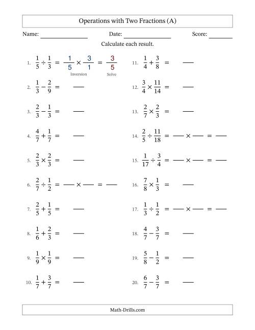 The Operations with Two Proper Fractions with Equal Denominators, Proper Fractions Results and No Simplifying (Fillable) (All) Math Worksheet