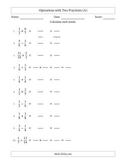 Operations with Two Proper Fractions with Equal Denominators, Proper Fractions Results and All Simplifying (Fillable)