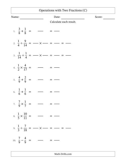The Operations with Two Proper Fractions with Equal Denominators, Proper Fractions Results and All Simplifying (Fillable) (C) Math Worksheet