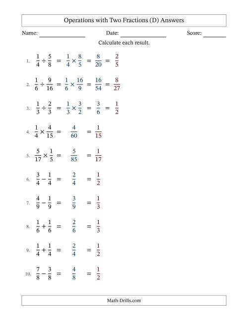 The Operations with Two Proper Fractions with Equal Denominators, Proper Fractions Results and All Simplifying (Fillable) (D) Math Worksheet Page 2
