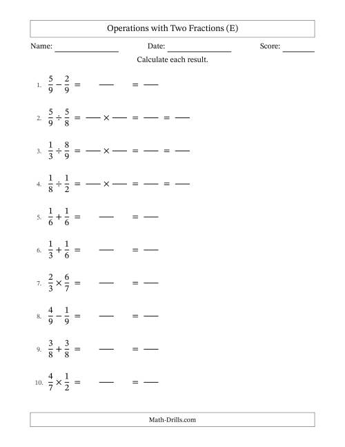 The Operations with Two Proper Fractions with Equal Denominators, Proper Fractions Results and All Simplifying (Fillable) (E) Math Worksheet