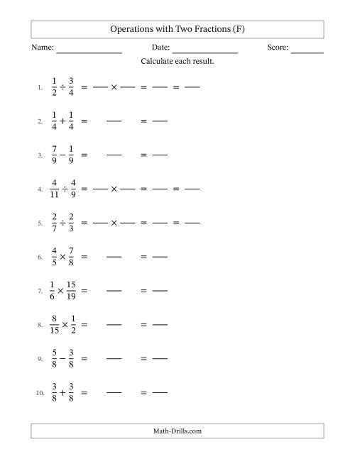 The Operations with Two Proper Fractions with Equal Denominators, Proper Fractions Results and All Simplifying (Fillable) (F) Math Worksheet
