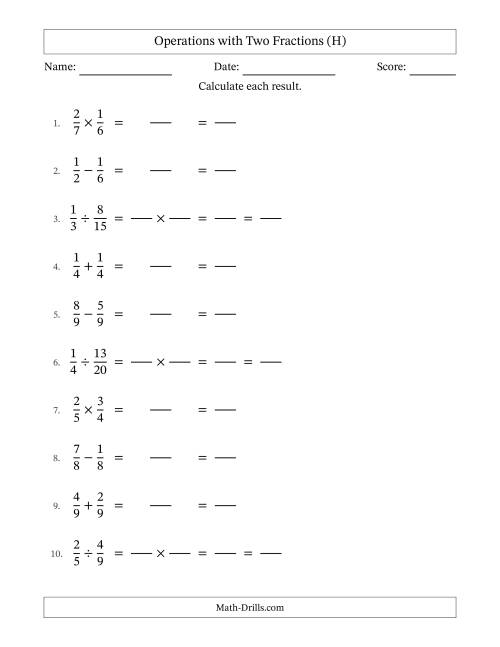 The Operations with Two Proper Fractions with Equal Denominators, Proper Fractions Results and All Simplifying (Fillable) (H) Math Worksheet