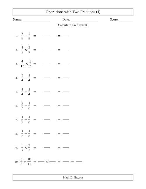 The Operations with Two Proper Fractions with Equal Denominators, Proper Fractions Results and All Simplifying (Fillable) (J) Math Worksheet