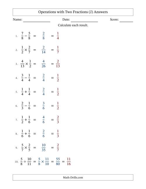 The Operations with Two Proper Fractions with Equal Denominators, Proper Fractions Results and All Simplifying (Fillable) (J) Math Worksheet Page 2