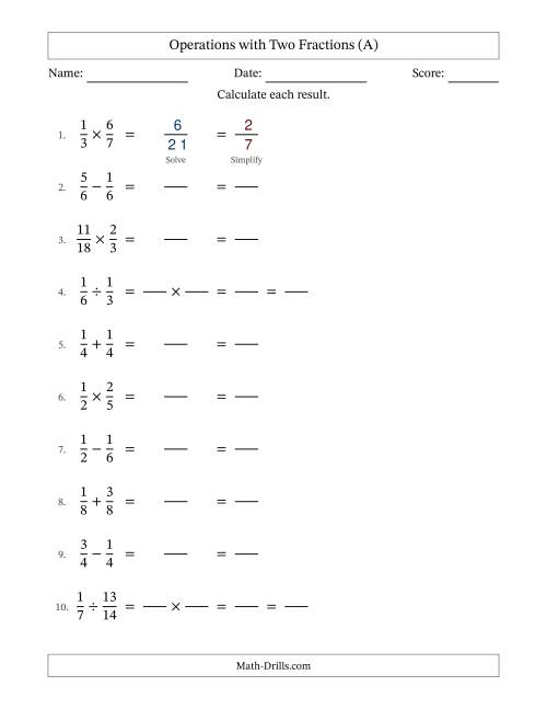 The Operations with Two Proper Fractions with Equal Denominators, Proper Fractions Results and All Simplifying (Fillable) (All) Math Worksheet