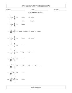 Operations with Two Proper Fractions with Equal Denominators, Proper Fractions Results and Some Simplifying (Fillable)