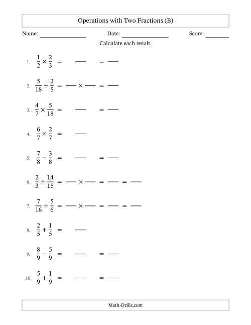 The Operations with Two Proper Fractions with Equal Denominators, Proper Fractions Results and Some Simplifying (Fillable) (B) Math Worksheet