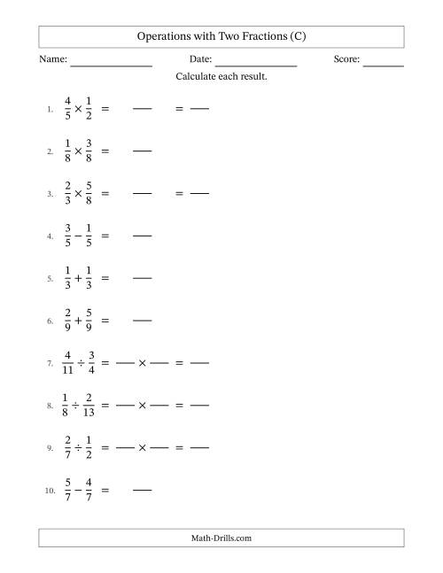 The Operations with Two Proper Fractions with Equal Denominators, Proper Fractions Results and Some Simplifying (Fillable) (C) Math Worksheet