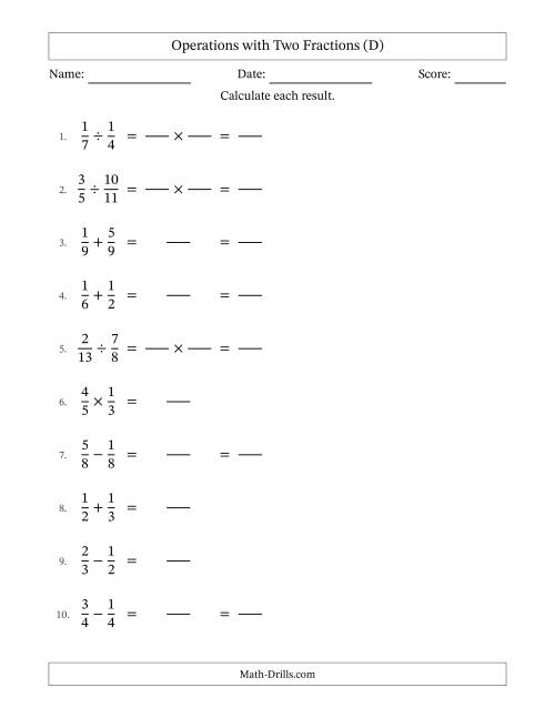 The Operations with Two Proper Fractions with Equal Denominators, Proper Fractions Results and Some Simplifying (Fillable) (D) Math Worksheet