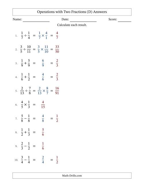 The Operations with Two Proper Fractions with Equal Denominators, Proper Fractions Results and Some Simplifying (Fillable) (D) Math Worksheet Page 2