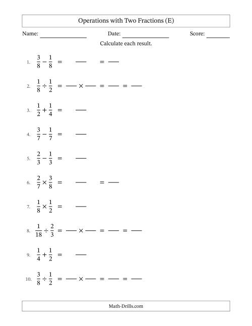 The Operations with Two Proper Fractions with Equal Denominators, Proper Fractions Results and Some Simplifying (Fillable) (E) Math Worksheet