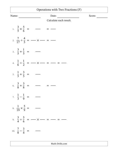 The Operations with Two Proper Fractions with Equal Denominators, Proper Fractions Results and Some Simplifying (Fillable) (F) Math Worksheet