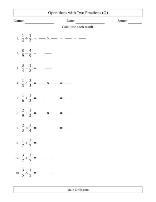 The Operations with Two Proper Fractions with Equal Denominators, Proper Fractions Results and Some Simplifying (Fillable) (G) Math Worksheet