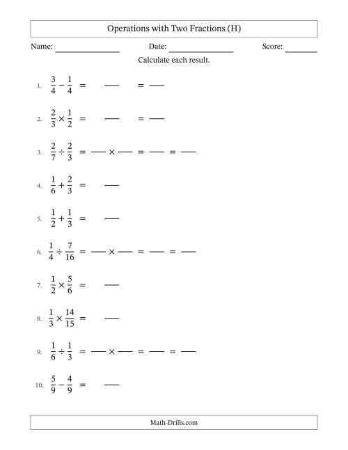 The Operations with Two Proper Fractions with Equal Denominators, Proper Fractions Results and Some Simplifying (Fillable) (H) Math Worksheet