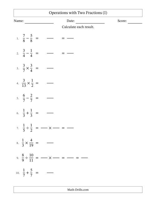 The Operations with Two Proper Fractions with Equal Denominators, Proper Fractions Results and Some Simplifying (Fillable) (I) Math Worksheet