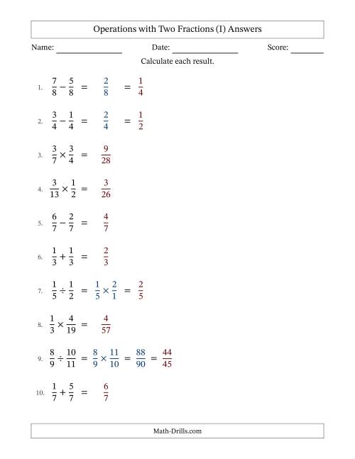 The Operations with Two Proper Fractions with Equal Denominators, Proper Fractions Results and Some Simplifying (Fillable) (I) Math Worksheet Page 2