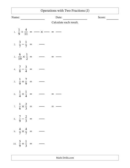 The Operations with Two Proper Fractions with Equal Denominators, Proper Fractions Results and Some Simplifying (Fillable) (J) Math Worksheet