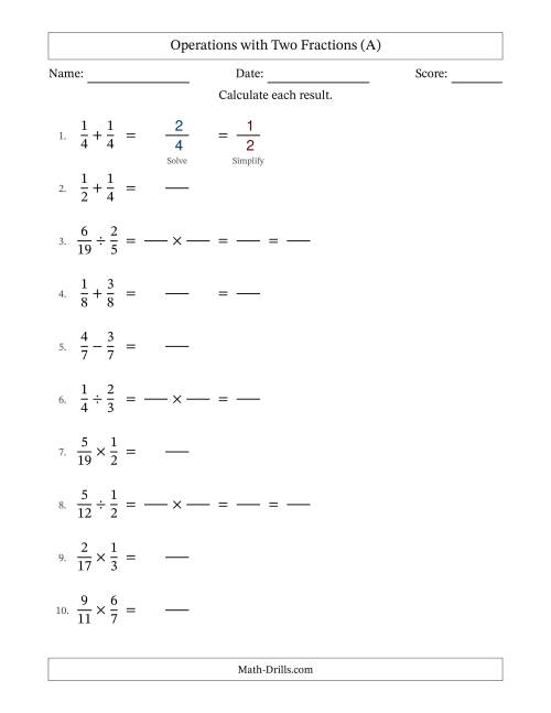 The Operations with Two Proper Fractions with Equal Denominators, Proper Fractions Results and Some Simplifying (Fillable) (All) Math Worksheet