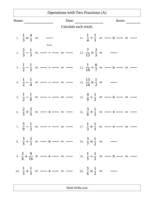 The Operations with Two Proper Fractions with Similar Denominators, Proper Fractions Results and No Simplifying (Fillable) (A) Math Worksheet