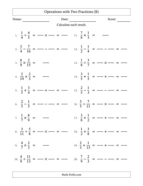 The Operations with Two Proper Fractions with Similar Denominators, Proper Fractions Results and No Simplifying (Fillable) (B) Math Worksheet