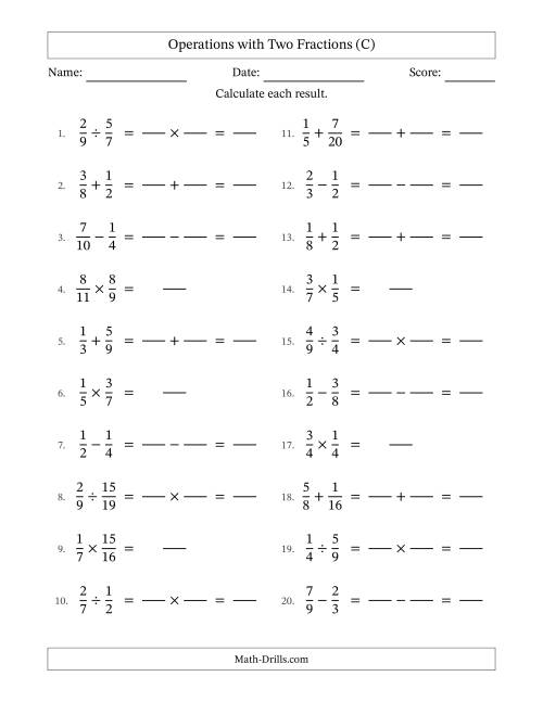 The Operations with Two Proper Fractions with Similar Denominators, Proper Fractions Results and No Simplifying (Fillable) (C) Math Worksheet