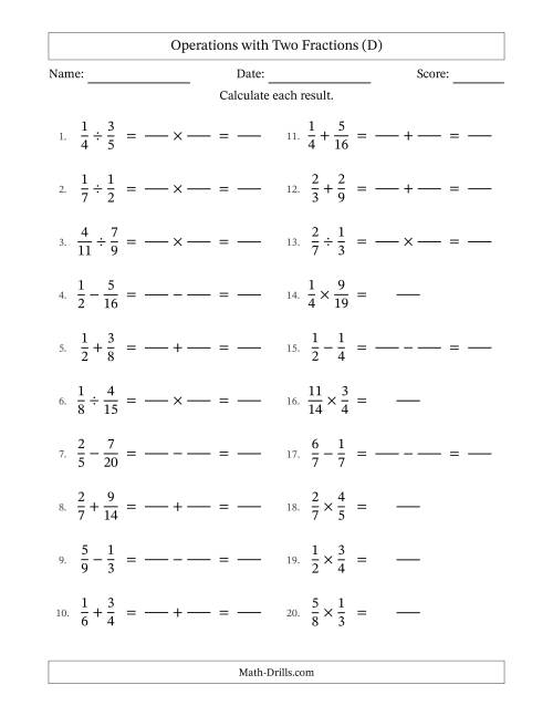 The Operations with Two Proper Fractions with Similar Denominators, Proper Fractions Results and No Simplifying (Fillable) (D) Math Worksheet