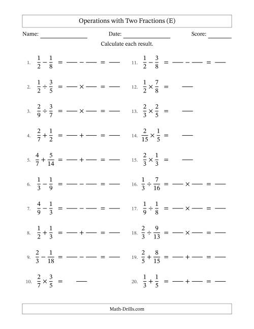 The Operations with Two Proper Fractions with Similar Denominators, Proper Fractions Results and No Simplifying (Fillable) (E) Math Worksheet