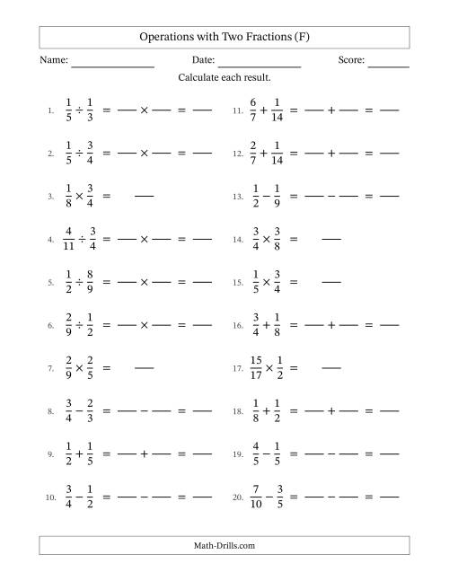 The Operations with Two Proper Fractions with Similar Denominators, Proper Fractions Results and No Simplifying (Fillable) (F) Math Worksheet