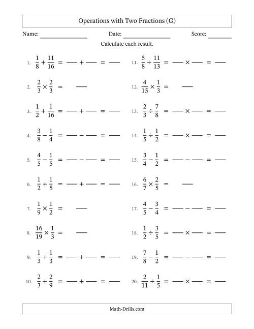 The Operations with Two Proper Fractions with Similar Denominators, Proper Fractions Results and No Simplifying (Fillable) (G) Math Worksheet