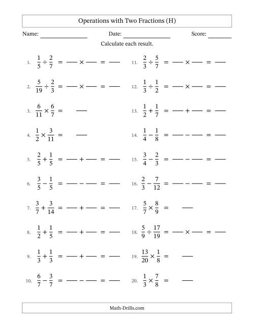 The Operations with Two Proper Fractions with Similar Denominators, Proper Fractions Results and No Simplifying (Fillable) (H) Math Worksheet