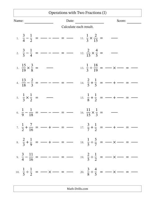 The Operations with Two Proper Fractions with Similar Denominators, Proper Fractions Results and No Simplifying (Fillable) (I) Math Worksheet