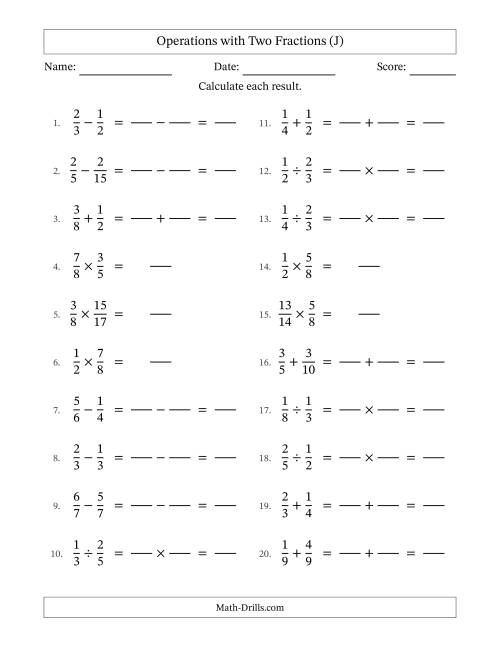 The Operations with Two Proper Fractions with Similar Denominators, Proper Fractions Results and No Simplifying (Fillable) (J) Math Worksheet