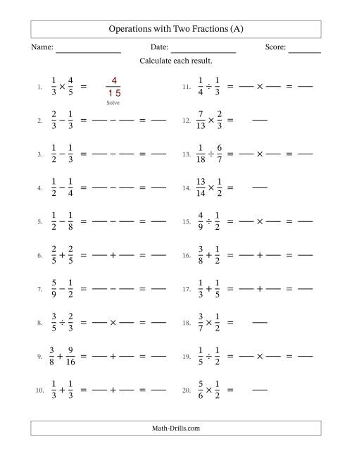 The Operations with Two Proper Fractions with Similar Denominators, Proper Fractions Results and No Simplifying (Fillable) (All) Math Worksheet