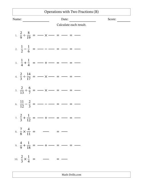 The Operations with Two Proper Fractions with Similar Denominators, Proper Fractions Results and All Simplifying (Fillable) (B) Math Worksheet