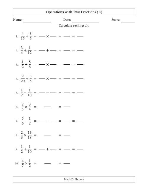 The Operations with Two Proper Fractions with Similar Denominators, Proper Fractions Results and All Simplifying (Fillable) (E) Math Worksheet