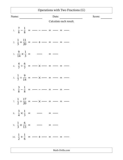 The Operations with Two Proper Fractions with Similar Denominators, Proper Fractions Results and All Simplifying (Fillable) (G) Math Worksheet