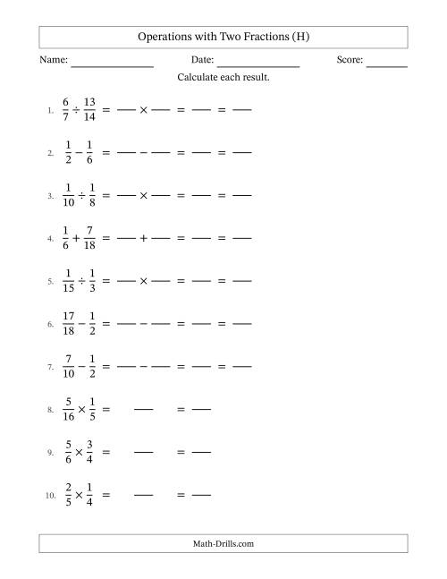 The Operations with Two Proper Fractions with Similar Denominators, Proper Fractions Results and All Simplifying (Fillable) (H) Math Worksheet