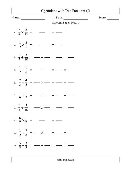 The Operations with Two Proper Fractions with Similar Denominators, Proper Fractions Results and All Simplifying (Fillable) (I) Math Worksheet